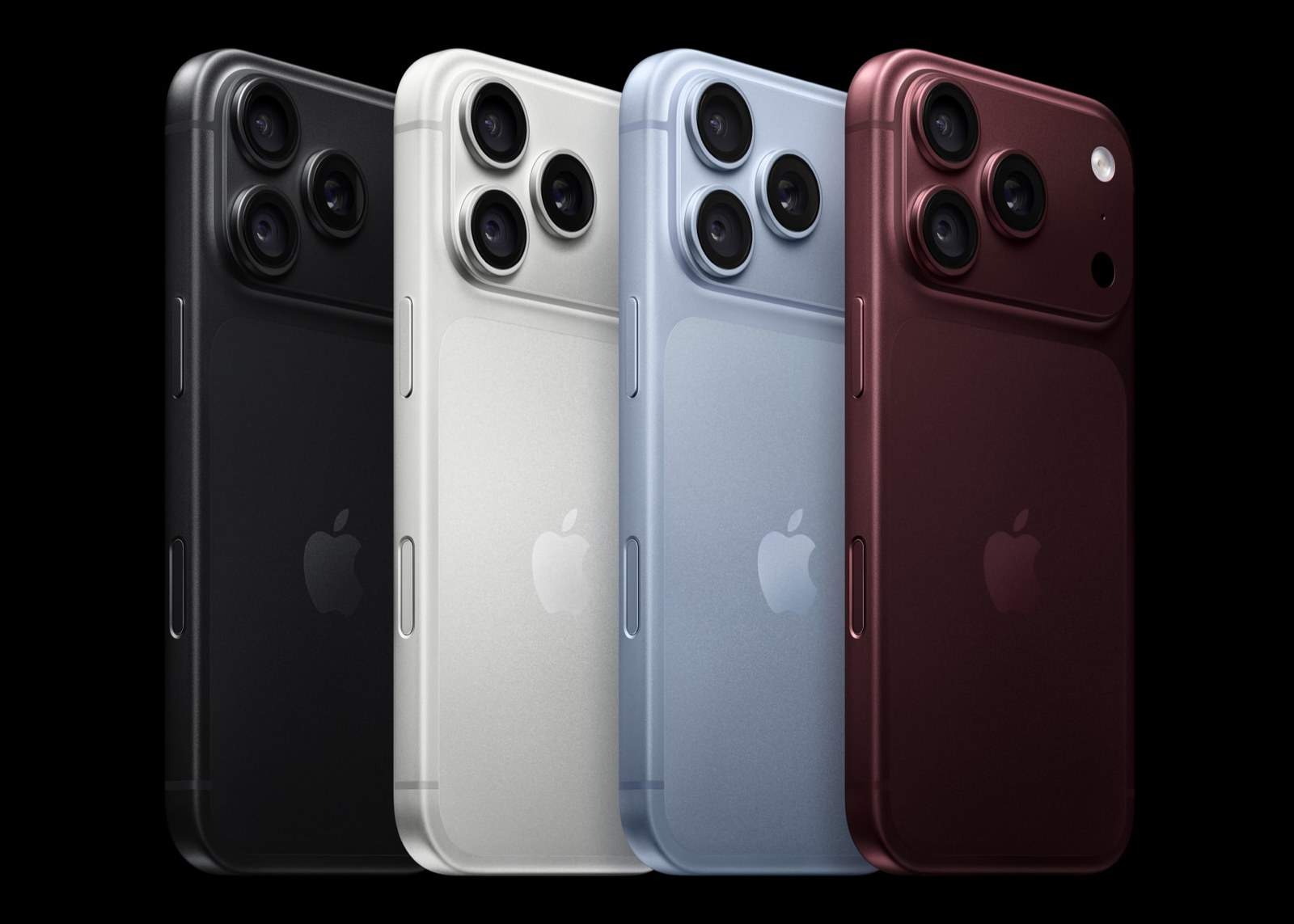 黑色、银色、冰川色与勃艮第色iPhone 18 Pro产品展示图